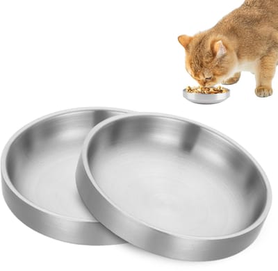 Voerbak voor katten, vlakke kattenbak van roestvrij staal, stootvaste waterbak, dubbelwandige voerbakken voor droog en nat voer