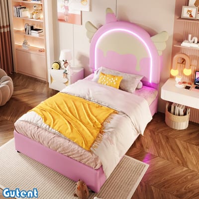 Gutent Kinderbed-90 x 200 cm-Zonder matras-met-licht-2 laden-Roze-Unicorn-look-PU