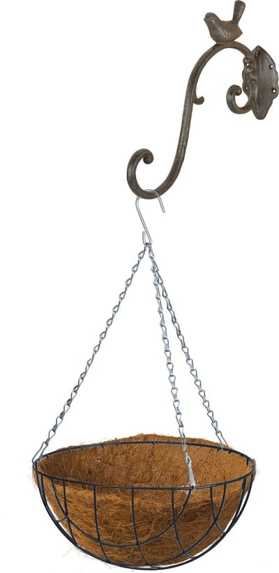 Hanging basket 30 cm met ijzeren muurhaak en kokos inlegvel - Complete hangmand set van gietijzer