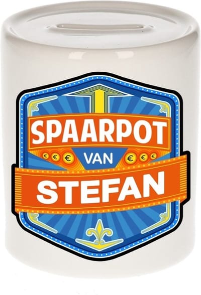Bellatio Decorations Kinder spaarpot met naam - Stefan - keramiek - met dop - wit - Sparen - Spaargeld van Stefan