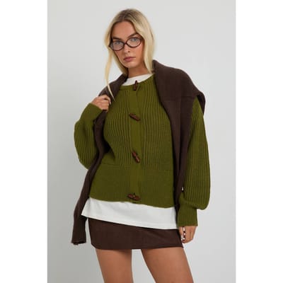 boohoo Dames Toggleknop Hoge Hals Gebreide Cardigan | Khaki | Maat: Small