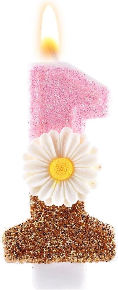 Verjaardagskaars Cijfer 1 Roze Madeliefje Glanzend Goud - Eerste Verjaardag Stokje - Taarttopper Decoratie - Meisje - Eerste Verjaardagen - Jubilea - 7,3cm - Wit