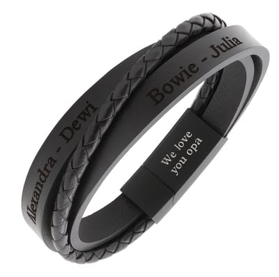 Heren Armband Leer Zwart met Gratis Gravering – Gepersonaliseerd met Namen of Tekst – Polsmaat 20 cm – Maat XL – 22 cm
