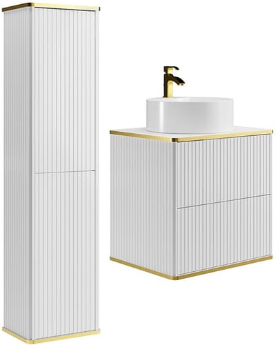 Vente-unique Hangend geribbeld badkamermeubel met ronde opbouwkom en kolomkast - Wit - 60 cm - KELIZA