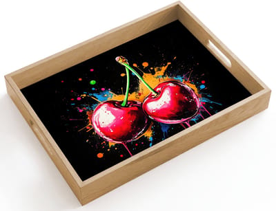 Dienblad hout 40x30 cm - Schootdienblad - Kersen - Fruit - Graffiti - Verf - Abstract - Modern - Kleurrijk - Borrelplank rechthoek - Plateau dienbladen