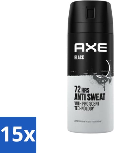 15 x Axe - Deodorant Spray - 72hrs Anti Sweat - Black - 150 ml - Anti Transpirant Spray - Zweet Bescherming - 72 Uur Bescherming - Citroen Geur - Munt Geur