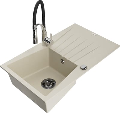 Mexen Cesar granieten spoelbak 1-kamer met afdruiprek en keukenmengkraan Aster, beige - 6514-69-73450-07-B