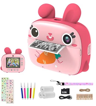 CAMCLID Kindercamera, instant camera, voor kinderen met 3 rollen thermisch papier en 32G SD-kaart, 2,4 inch scherm digitale camera en videocamera, fotocamera, cadeau voor meisjes en jongens (roze)