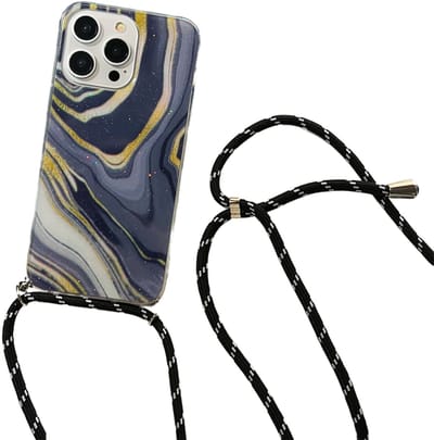 Marmer Look Telefoonhoesje met Schouderkoord – Geschikt voor Apple iPhone 15 Plus – Luxe & Stijlvolle Bescherming - Zwart