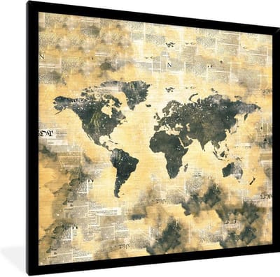 Fotolijst incl. Poster - Wereldkaart - Waterverf - Kranten - 40x40 cm - Posterlijst