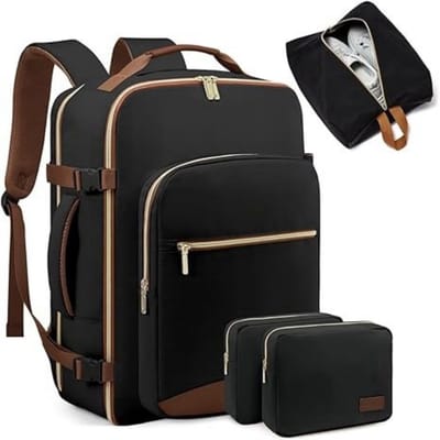 40L Reisrugzak voor Dames & Heren - Vliegtuiggoedgekeurd Handbagage met 3 Pakzakken - Waterdicht Persoonlijk Item Weekender - Past 17" Laptop - Zwart - 1 Stuk