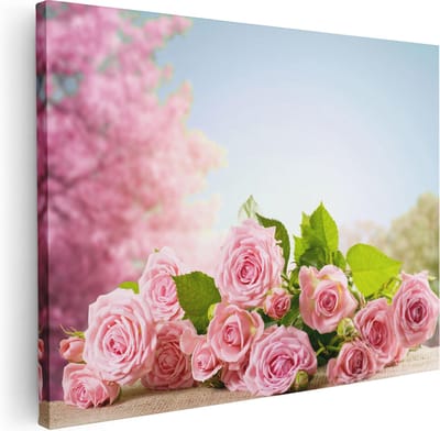 Artaza Canvas Schilderij Bloemen - 40x30 cm - Klein - Wanddecoratie Roze Rozen - Muurdecoratie Bloesem - Kamer Accessoires