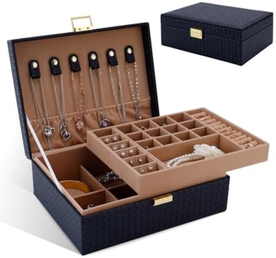 Juwelenbox voor Dames en Meisjes, 2 Laags Juwelen Organizer met Afneembare Tray, PU Leren Sieradenopslag, Moderne Stijl voor Ringen, Oorbellen, Kettingen, Armbanden