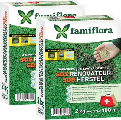 Famiflora graszaad 4kg tot 200m² (2 x 2kg) - SOS herstelgazon - Herstelt snel kale plekken voor een egaal gazon - Geen omspitten nodig bespaart tijd en moeite - Zaai vanaf 5°C voor vroeg resultaat