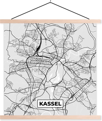 Posterhanger incl. Poster 40x40 cm - Schoolplaat - Plattegrond - Duitsland - Kassel - Kaart - Stadskaart - Textielposter - Blanke latten - Stadskaart