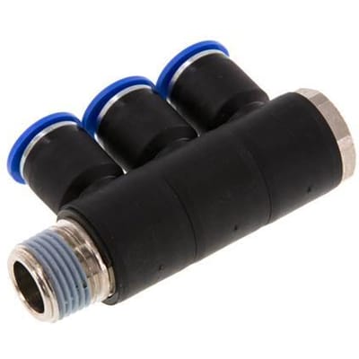 12mm x R1/2'' 3-way Manifold Messing/PA 66 Insteekfitting Buitendraad Draaibaar NBR