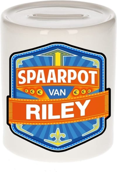 Bellatio Decorations Kinder spaarpot met naam - Riley - keramiek - met dop - wit - Sparen - Spaargeld van Riley