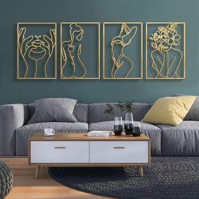 4-Pack Gouden Wanddecoratie Metaal - Minimalistische Lijntekening Kunst voor Woonkamer, Slaapkamer of Keuken