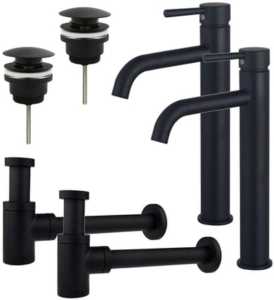 FugaFlow Eccelente Sobrado Badkamer Wastafelkraanset - voor dubbele wastafel - verhoogde wastafelkraan - klikwaste plug - verlaagde design sifon - Mat zwart