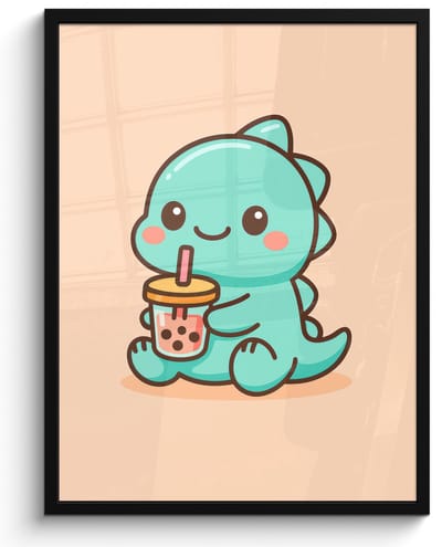 Poster in lijst - Fotolijst 60x80 cm - Posters - Dino - Boba - kawaii - Oranje - Posterlijst zwart - Decoratie - Wanddecoratie woonkamer - Muurdecoratie slaapkamer