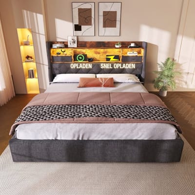 VVBV Gestoffeerd Opbergbed 180x200 cm - LED, USB-C, Hydraulische Opbergruimte, 4 Lades, Lattenbodem, Linnen, Zonder Matras
