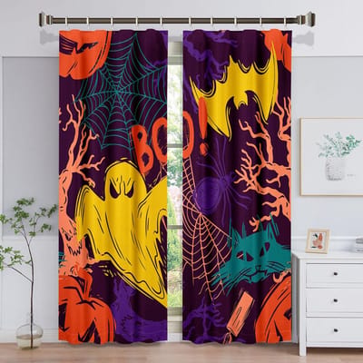 Cartoon Spin Zwart Web Kinderen Halloween Raamgordijnen Voor Kinderen Slaapkamer Woonkamer Badkamer Kicthen Deur Hal Huisdecor W70 X H165(CM)X2&Hook