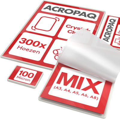 ACROPAQ Lamineerhoezen MIX – 300 stuks (50 x A3, A5, A6, A8), (100 x A4), 100 micron, Premium kwaliteit, Glanzend afwerking, Afgeronde hoeken – Lamineerfolie, Lamineerhoes, Lamineervellen