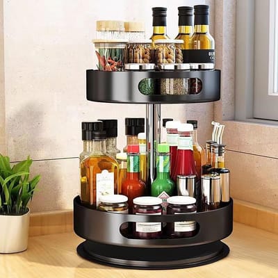 Dailygoods- Kruidenrek Hoogte Verstelbaar - Draaibaar - Dubbele Laag - Carbon Staal - Keuken Organizer - Praktisch Design - Keukenorganizer