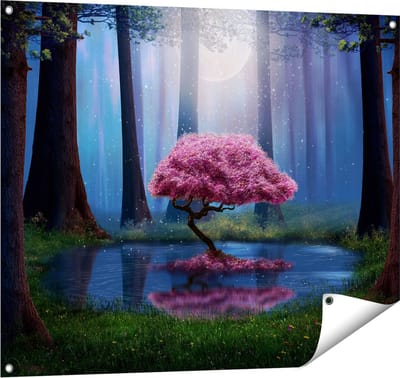 Gards Tuinposter Roze Boom op een Vijver in de Nacht - 100x80 cm - Tuindoek - Tuindecoratie - Wanddecoratie buiten - Tuinschilderij