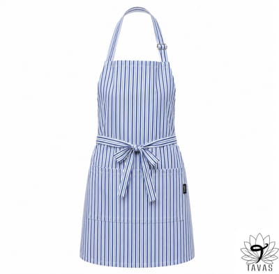 Culinary Stripe Keukenschort - Blauw Crème Lijnen - 60x80 cm - Kookschort met Zakken en 86 cm Tailleband - Horeca - Keukenschort Dames - Keukenschort Heren