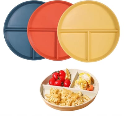 QTTVBTNA - 3-Delige Verdeelde Bord Set – Onbreekbare Herbruikbare Eetborden met Onderverdeling – Portiecontrole Bord – Lichtgewicht & BPA-vrij – Ideaal voor Maaltijden, Dieet, Thuis en Dagelijks Gebruik – 22 cm - Blauw + Oranje + Geel