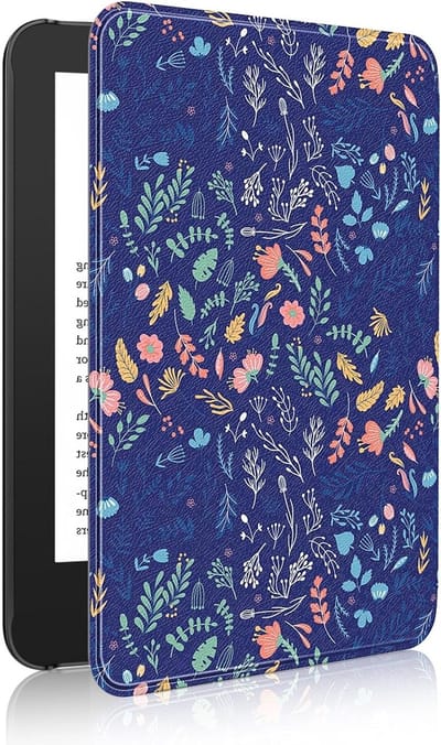 Lichte Hoes voor 6" Kindle (11e Generatie 2024/2022) met Auto Wake/Sleep, Bloemenprint op Blauw, Bescherming en Stijl voor E-reader