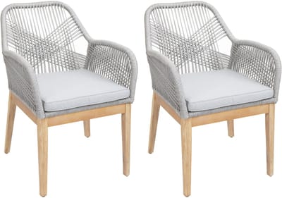 Set van 2 tuinstoelen MCW-H56b, armstoel voor buiten, weerbestendig touwvlechtwerk Touwhout acacia ~ lichtgrijs Kussens lichtgrijs