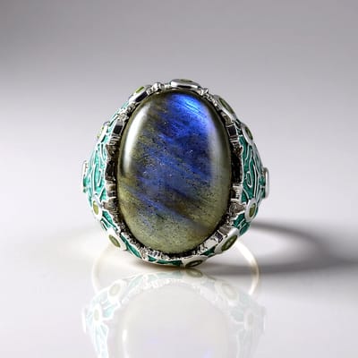 Cavill - Elegante damesring 925 Sterling Zilver verguld - 11,7 ct Blauwe Labradoriet ovaal - 12 Peridot rondslijpsel - Handgemaakt