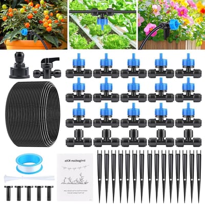 Complete Drip Irrigation Set voor Tuin en Balkon, Waterbesparend Systeem met 60 Accessoires en 15 Druptips voor Planten en Bloempotten