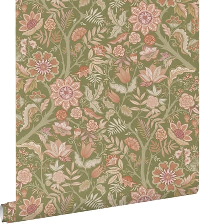 ESTAhome behang vintage bloemen groen en terracotta roze - 50 x 900 cm - 131330