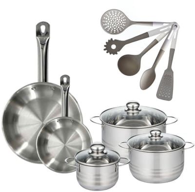 Fackelmann 9217850 Set van 2 RVS Pannen 20/28 cm Etherna & 3 RVS Kookpotten 16/20/24 cm Zonder PFAS met 5 Keukengerei Fackelmann