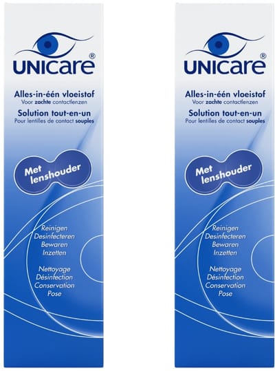 Unicare - Alles-in-één Lenzenvloeistof - 2 stuks 250ML - Voor Zachte Lenzen - voor Gevoelige Ogen - Inclusief 2 Lenzendoosjes