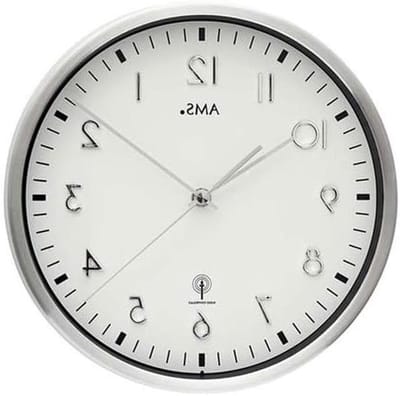 AMS - radio - wall clock - metal case made of brushed aluminum, white dial, mineral glass, diameter 25 cm