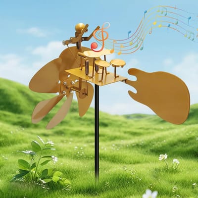drummer handgemaakte metalen windmolen, muziek standbeeld tuin ornamenten, windgong voor terras buiten decoratie
