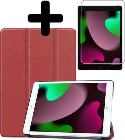Hoes - Geschikt voor Apple iPad 9 (2021) - 10.2 inch - 9e Generatie - Met Screenprotector - Trifold Bookcase - Hard Cover - Hardcover Book Case - Tablet Hoesje - Donkerrood