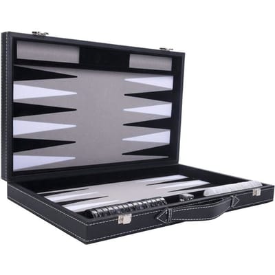 Backgammon 18 inch - Grijs, Zwart & Wit Ingelegd Bord - Luxe Zwarte Koffer met Handvat - Engelhart
