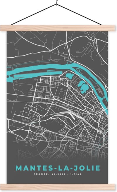 Posterhanger incl. Poster 40x60 cm - Schoolplaat - Mantes-la-Jolie - Frankrijk - Stadskaart - Kaart - Plattegrond - Textielposter - Blanke latten - Stadskaart