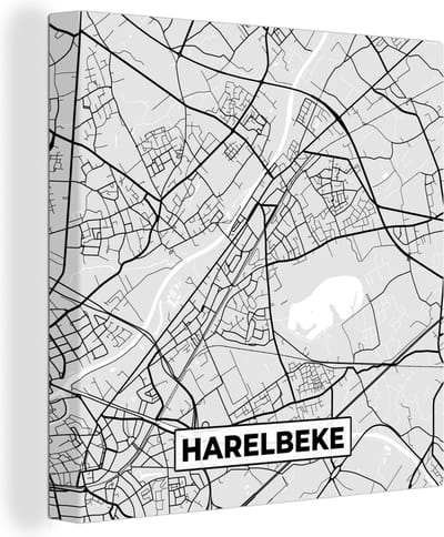 Canvas Schilderij België – Harelbeke – Stadskaart – Kaart – Zwart Wit – Plattegrond - 20x20 cm - Wanddecoratie