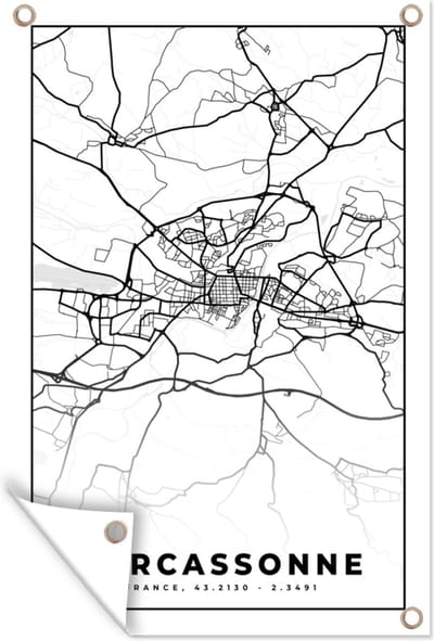 Muurdecoratie Kaart - Plattegrond - Frankrijk - Stadskaart - Carcassonne - Zwart wit - 120x180 cm - Tuinposter - Tuindoek