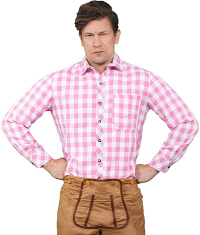 Zebra & Friends Franz - Maat 54 - Tirolerhemd - Oktoberfest Heren - Geruit Hemd - Themafeesten - Verkleedkleren voor Mannen - Carnavalskleren - Roze met Wit
