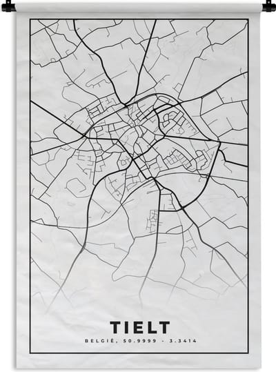 Wandkleed - Wanddoek - Kaart – Plattegrond – Stadskaart – Tielt – België – Zwart Wit - 120x180 cm - Wandtapijt