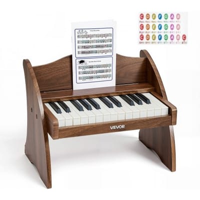 VEVOR Kinderkeyboard, 25 toetsen, elektrische piano, houten piano voor kinderen vanaf 3 jaar, muzikaal speelgoed met realistisch geluid, dubbele voeding, regelbaar volume, vroege muzikale ontwikkeling, walnoothout