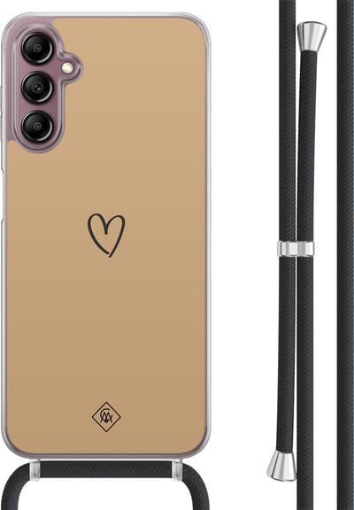 Casimoda® hoesje met koord - Geschikt voor Samsung A14 - Hart Bruin - Afneembaar koord - TPU/acryl - Bruin/beige