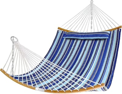 Dubbele Hangmat - Tweepersoons Bed - Buiten Ontspannen - Bamboe Spreidstokken - 200 kg Capaciteit - Blauwe Streep